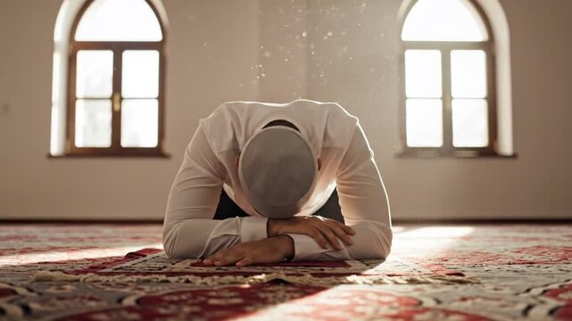 Muslim man in prostration prayer on ornate rug inside a sunlit mosque, Ramadan Islamic Religious Background