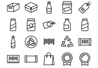 Collection of Simple Line Icons Representing Packaging and Labels