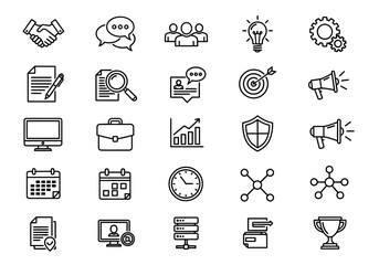 Collection of business icons in a grid layout on a white background