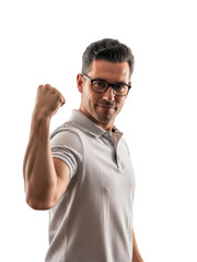 Naklejka premium Confident man showing strength isolated on transparent background