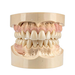 Detailed dental model showcasing porcelain crowns and gum structures against a black background.