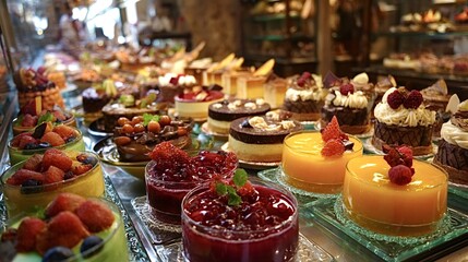 Colorful assortment of cakes, tarts and pastries arranged in a glass display case, showcasing a tempting selection of handcrafted, gourmet sweet treats in a bakery shop
