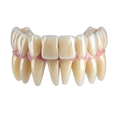 A detailed view of a dental bridge prosthetic model against a black background.
