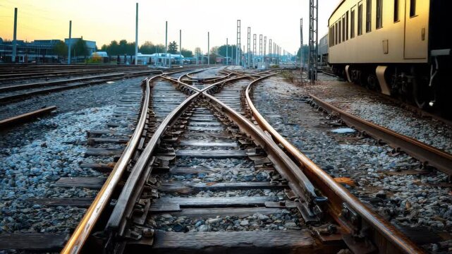 Rail tracks curving at a junction in a railway yard during late afternoon with sunlight reflecting on the metal