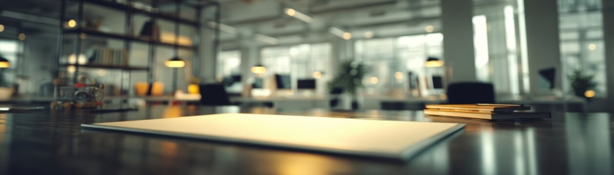 A modern office space featuring a wooden desk, illuminated by warm light, with a view of plants and a minimalist aesthetic, HR Year-End Review with space for text