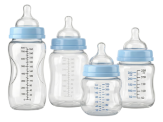 Set of five transparent baby bottles with blue caps isolated on a clear background