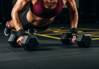 Athletic Woman Doing Push-Ups with Dumbbells in Gym