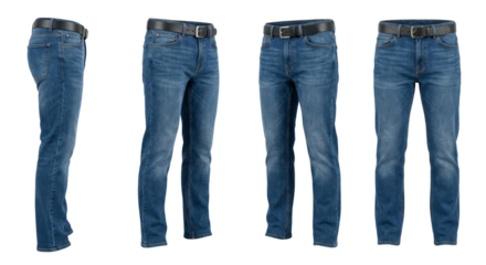 Collection of four classic blue denim jeans with black belts displayed on a black background