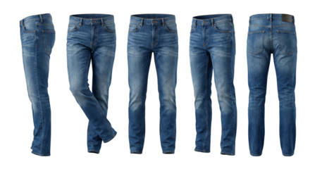 variety of blue denim jeans displayed in a row isolated on transparent background
