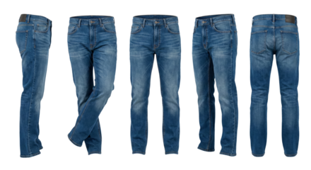 Collection of five different styles of modern blue denim jeans isolated on transparent background