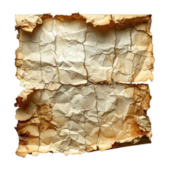 Two pieces of heavily aged, wrinkled, and torn parchment paper isolated on black.