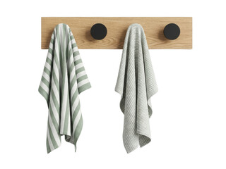 minimalist kitchen hooks with striped dish towels isolated on black background