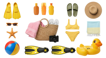 summer beach essentials flat lay with swimwear accessories isolated transparent background