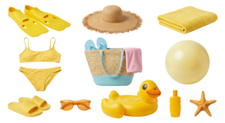 A collection of colorful summer beach accessories and essentials on isolated transparent background