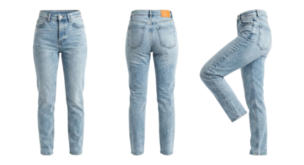 Collection of stylish light-wash denim jeans displayed on a black background isolated transparent