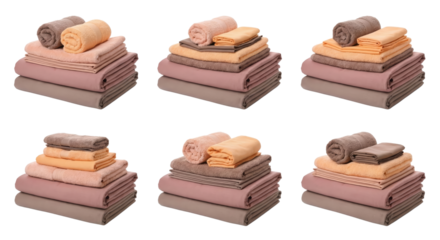 neatly folded pastel-colored towels and linens stacked in organized displays isolated on