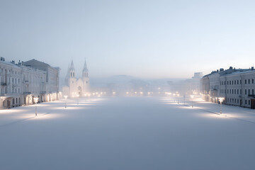 urban winter scene, a serene and historic scene a snow-covered, misty eastern european city with old buildings in the early morning