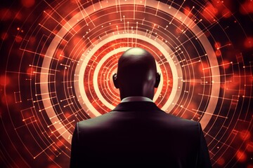 Businessman standing in front of glowing red futuristic interface analyzing big data