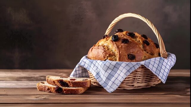 A rustic wooden table holds a wicker basket filled with freshly baked bread. The bread, with its goldenbrown crust and dark raisins, sits atop a blue and white checkered cloth.