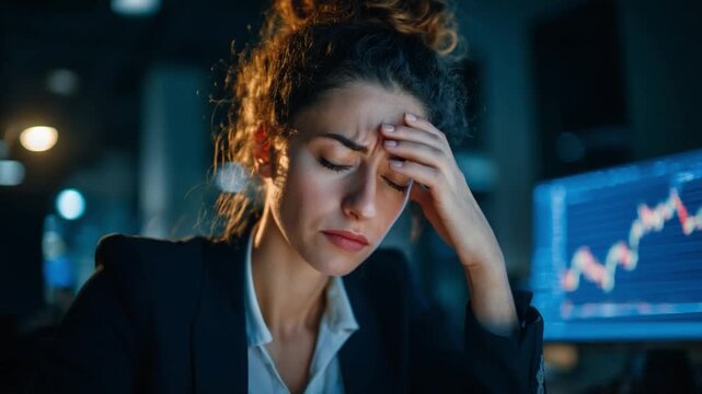 Stress of the Trading World: A woman experiences stress, highlighting the emotional strain in a financial setting. Expressing pressure, the woman struggles.