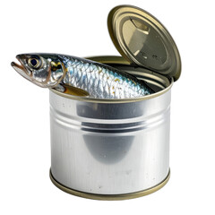 A fresh fish emerging from an open metal tin against a black background.