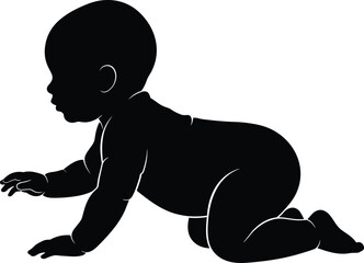 Fototapeta premium Crawling baby silhouette, infant movement pose, early childhood development, black white vector, parenting concept, growth illustration art