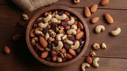 A topdown view of a wooden bowl filled with assorted nuts and dried fruits. The bowl is placed on a rustic wooden surface with a burlap cloth underneath.
