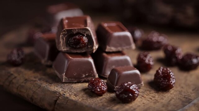 A closeup shot of assorted chocolates on a rustic wooden surface, with a shallow depth of field that blurs the background, emphasizing the chocolaty texture and the rich, dark hue of the candies.