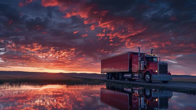 Video A semi-truck drives along a road next to a body of water, potentially for delivery or transportation purposes