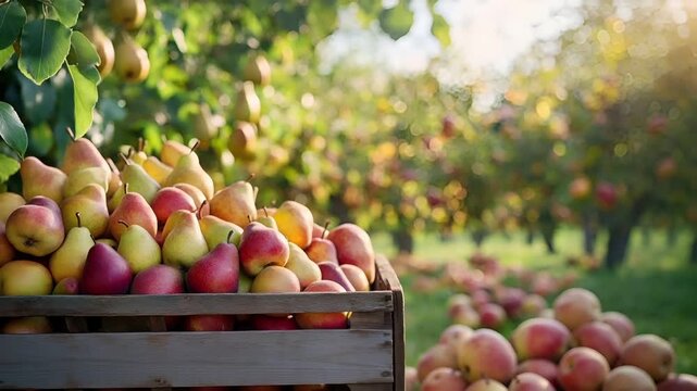 A closeup of a wooden crate filled with pears and apples, set against a backdrop of lush greenery. The pears are a mix of red, yellow, and green hues.