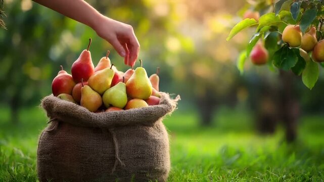A persons hand reaches out to pick a pear from a sack in an outdoor setting. The pear is a mix of red and green hues, with a yellowish tint on its stem.