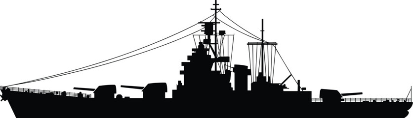 A black vector silhouette illustration of a historical World War II-era battleship with large gun turrets, isolated on a white background © Ashik Creatives
