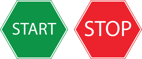 green start and red stop octagon traffic sign buttons for control action and command interface design isolated background.