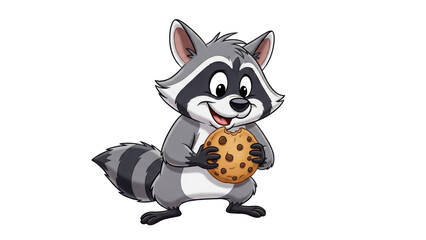 Cute Cartoon Raccoon Character Illustration Holding a Chocolate Chip Cookie isolated PNG with Transparent Background