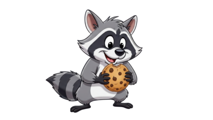 Cute Cartoon Raccoon Character Illustration Holding a Chocolate Chip Cookie isolated PNG with Transparent Background