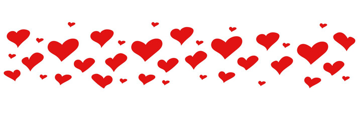 Romantic horizontal border made of red hearts on a light background. Love and Valentine&rsquo;s Day vector design element. Perfect for greeting cards, banners, invitations, wedding design, posters, social.
