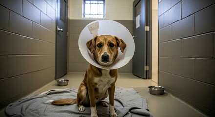 Brown dog wearing a plastic cone collar with a sad mood sitting on a blanket against an animal shelter hallway background