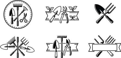 Gardening tools icons set shovel rake pruner fork silhouettes flat black vector illustration isolated white background garden design © Empowerment angle 