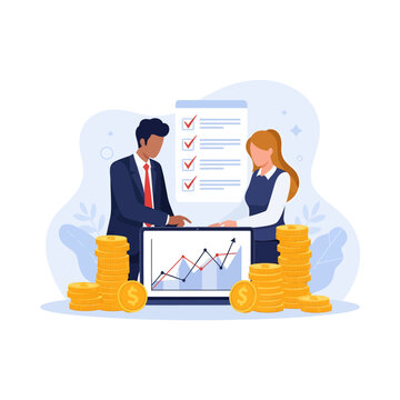 Business people discussing financial data.