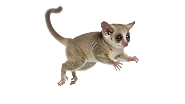 Young Lesser Galago (Bushbaby) leaping with tail raised in an active pose. isolated PNG with Transparent Background