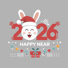 Naklejka premium Happy New Year 2026 Cute Rabbit Wearing Santa Hat with Gift Boxes and Festive Decoration