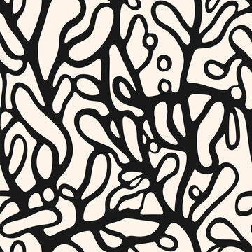 Abstract black and white vector seamless pattern. Texture with organic shapes, botanical elements, cellular structures, lines. Simple monochrome background. Pattern in boho style. Repeatable design