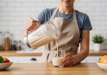Woman Pouring Fresh Smoothie from Blender into Glass at Home