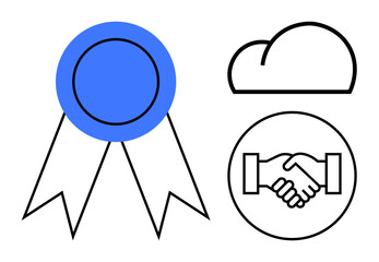 Business icons. Symbols of an award badge, cloud computing, and a handshake convey recognition, storage solutions, and collaboration. For business, teamwork, technology communication branding