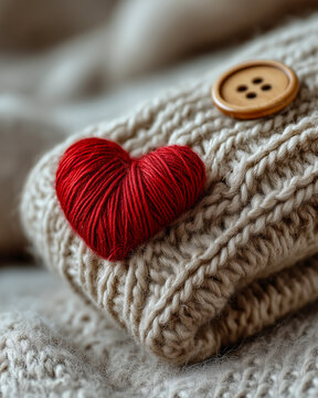 Red knitting yarn forming a heart shape on soft beige fabric background.