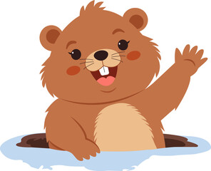 Cute groundhog popping out of its burrow in the snow, smiling and waving paw.Winter landscape background. © Oksana