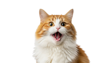 Cute Fluffy Orange and White Cat with Surprised Open Mouth Expression isolated PNG with Transparent Background