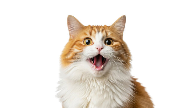 Cute Fluffy Orange and White Cat with Surprised Open Mouth Expression isolated PNG with Transparent Background
