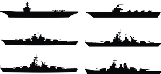 Six Naval Warship Silhouettes in Two Row Grid, Aircraft Carriers and Battleships, Naval Architecture, Military Fleet Identification, Maritime Defense Profiles © Ashik Creatives