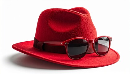 Red fedora hat with matching sunglasses evokes bold fashion statement, stylish coordination, and iconic accessory appeal